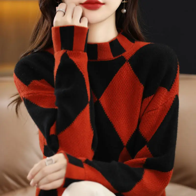 Pullover 2023 color contrast diamond check sweater women half high neck sweater loose  sweater knitting pullover female top