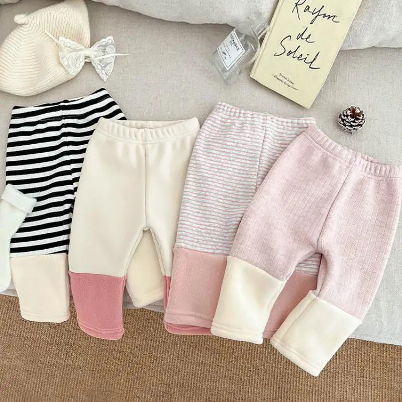 2025 شتاء جديد طفلة الصوف طماق الاطفال الفتيات المرقعة السراويل الرضع زائد المخملية سميكة مخطط طماق طفل الملابس #2