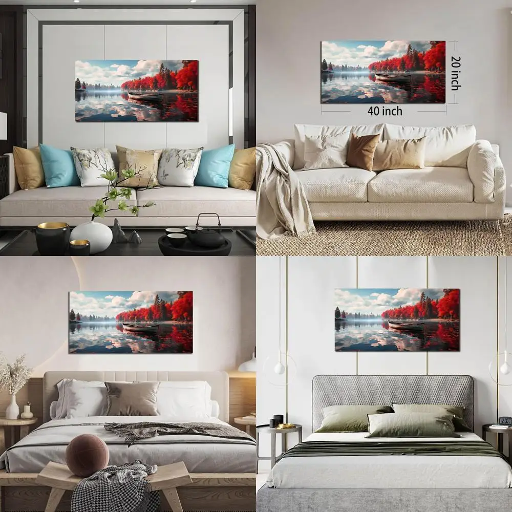 

Настенное искусство с красным лесным пейзажем — современный холст в рамке для гостиной, спальни, офиса, 20x40 дюймов