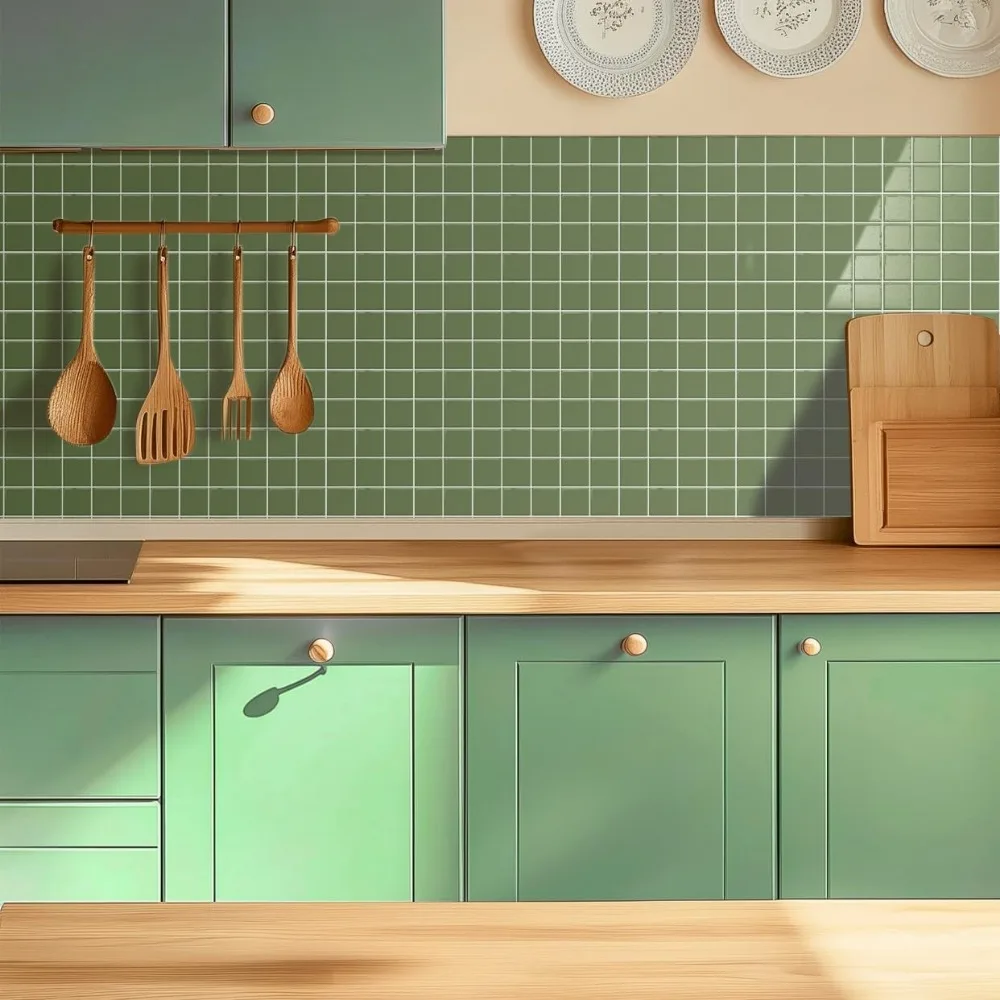 10 Sheets 10"x10" Green 3D Vinyl Backsplash Tiles, Self-Adhesive Peel and Stick Wall Tile Stickers Stick on Subway Tiles for Ki