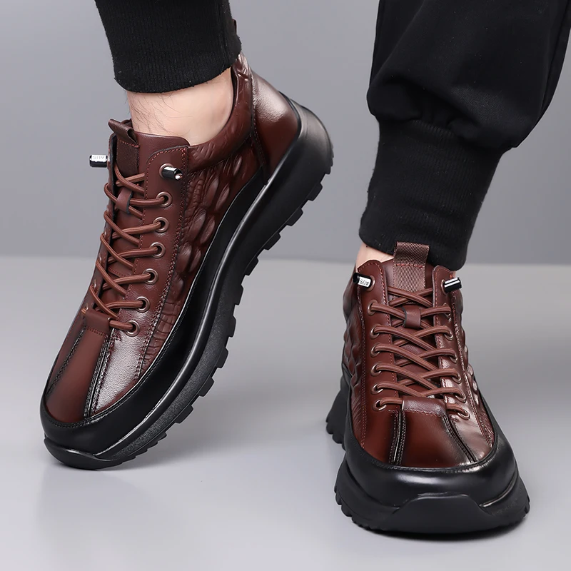 Winter Men Top Layer Genuine Leather Crocodile Pattern Northeast Cashmere Snow Boots Fashionable Lace Up Plush Warm Cotton Shoes