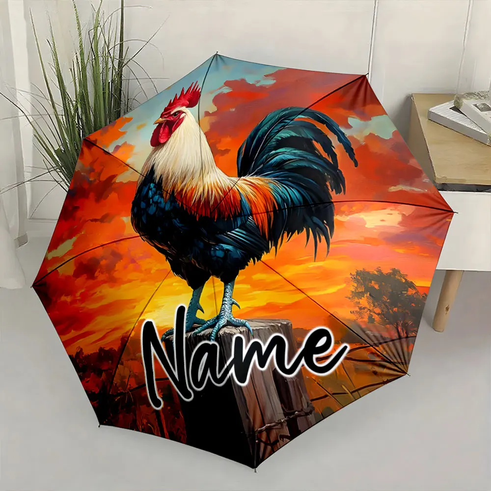 Custom Name Vivid Rooster Design Umbrella 8 Iron Ribs Folding Umbrella Auto-Open Fashionable Sunshade Deluxe Gift