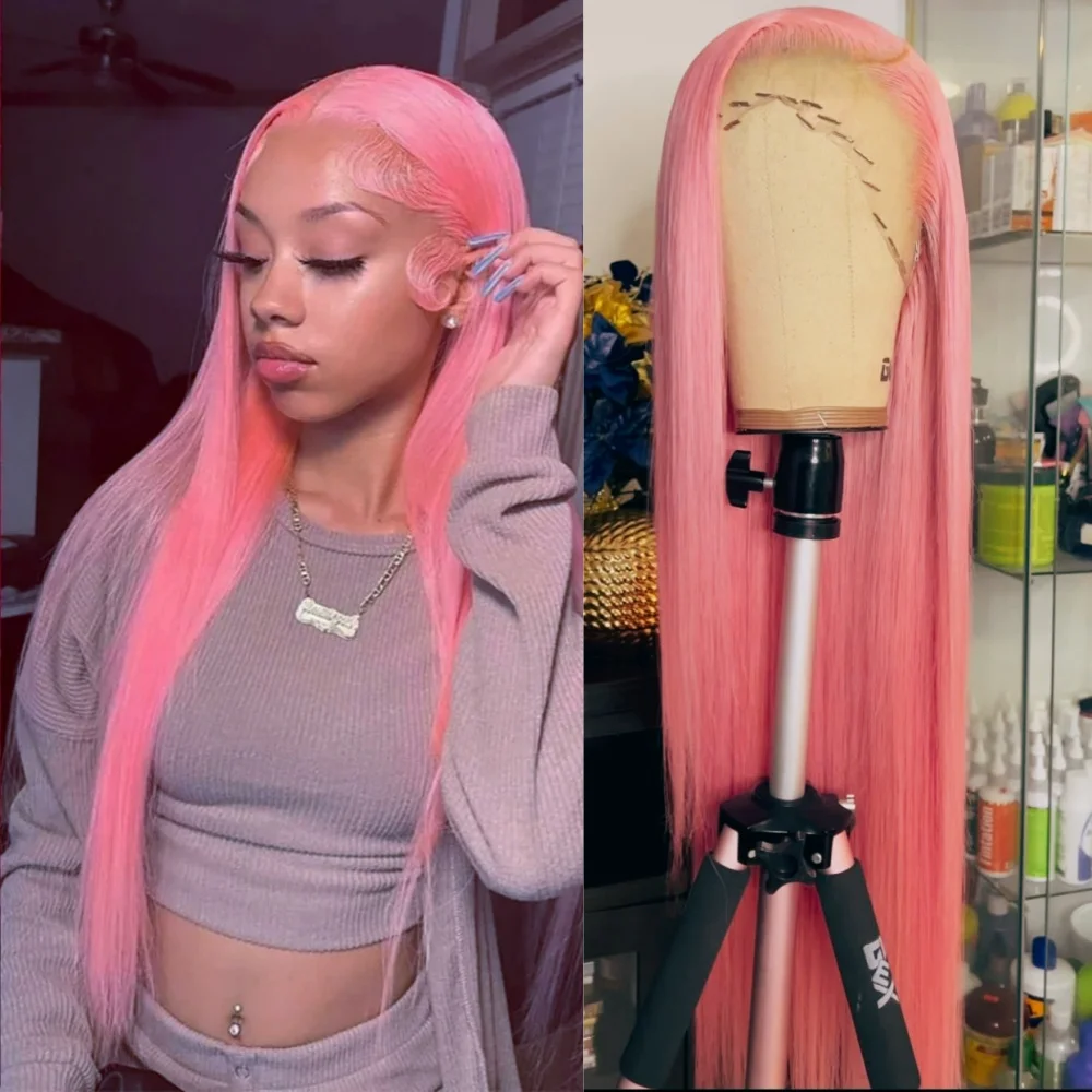 

Розовые длинные прямые парики с HD-кружевом, цветные парики из бразильских волос, 13x4, с прозрачным кружевным фронтальным покрытием, без клея, для женщин, для косплея и вечеринок