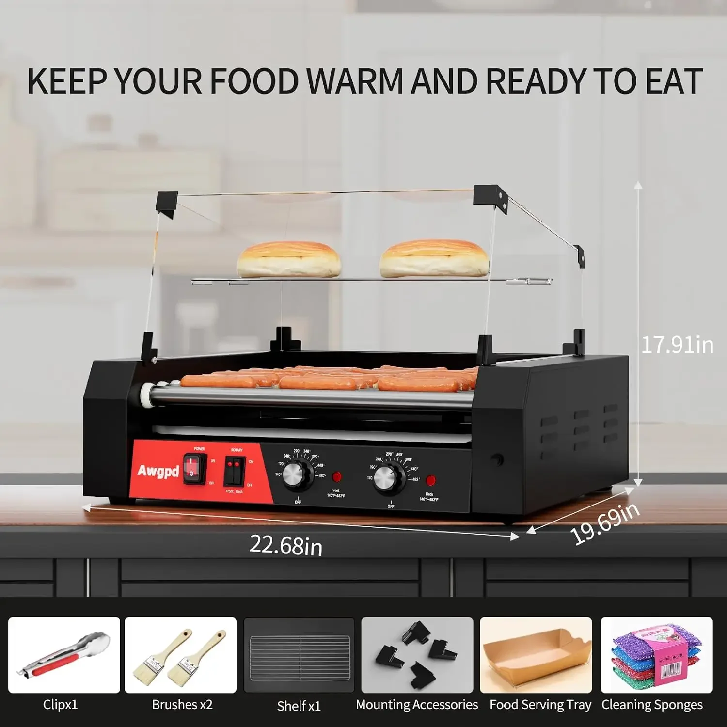 1650W Commercial Hot Dog Rollers Machine,11 Rollers 30 Hotdog Roller Grill | Stainless Steel Hot Dog Machine With Dust
