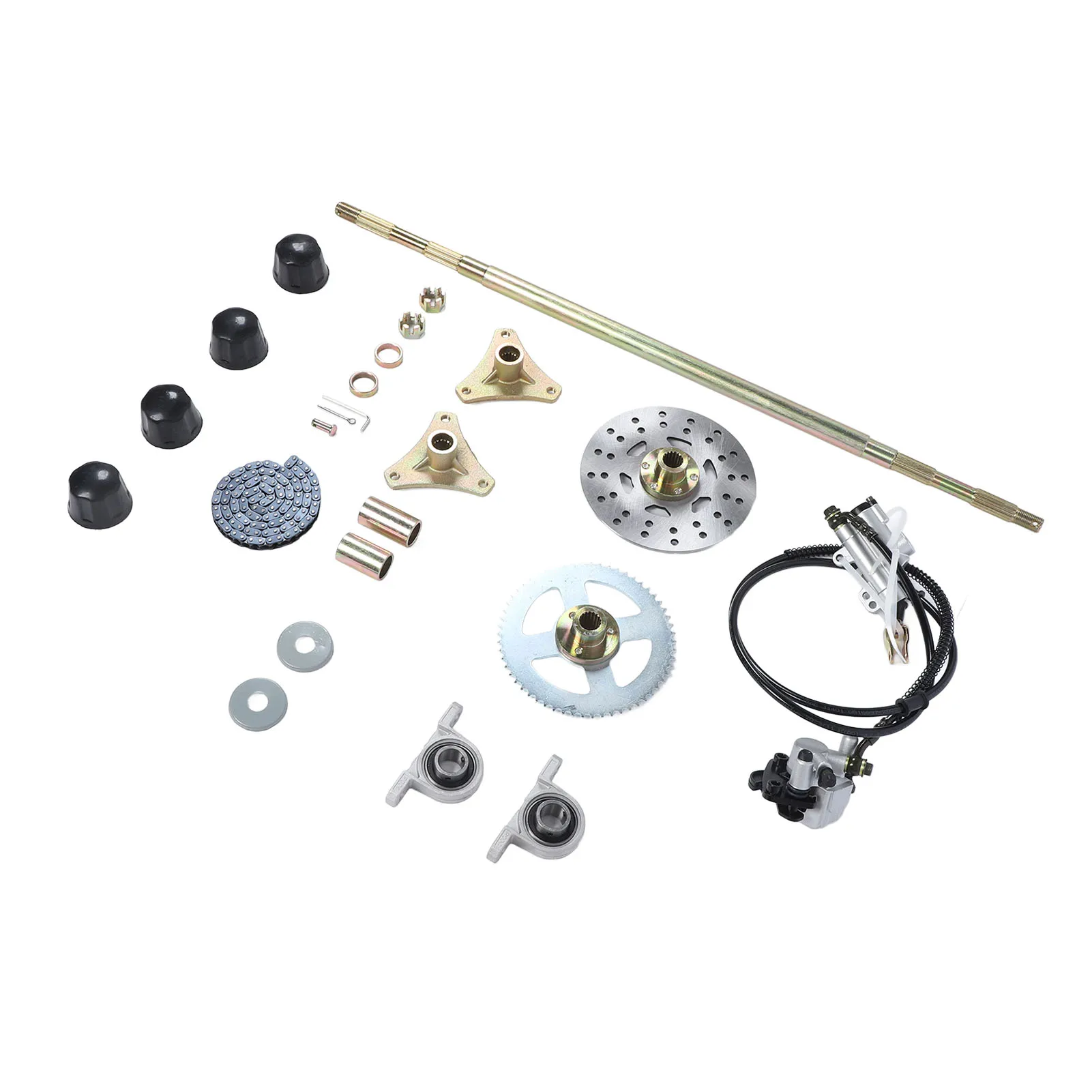 29in Go Kart Rear Live Axle Assembly Kit Axle Sprocket Chain Brake Disc Caliper Wheel Hubs Replacement for 50cc 70cc 90cc ATV Qu