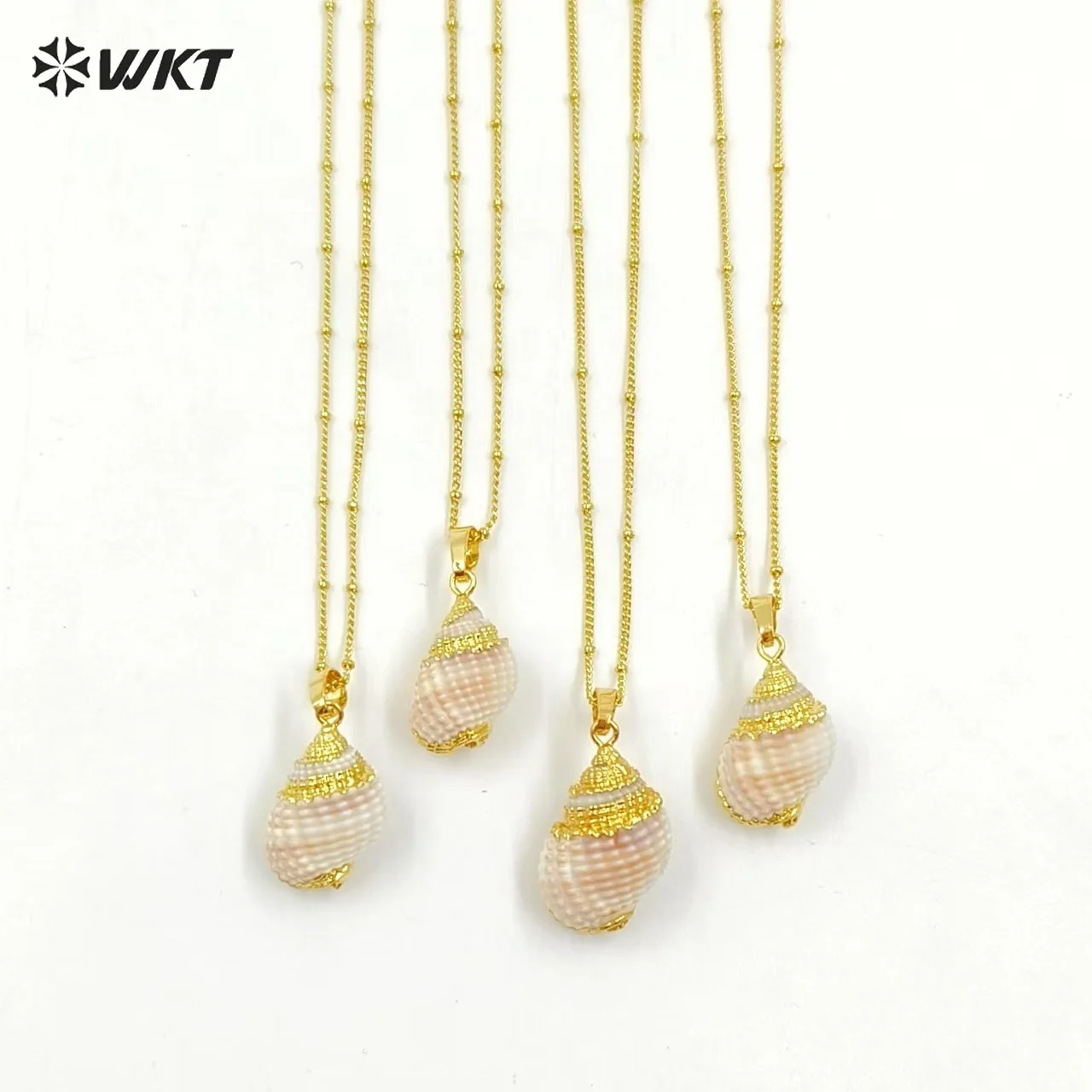 WT-JN023 New arrivals! Wholesale natural shell necklace Genuine sea shell trumpet pendants with gold color plated for lady girl