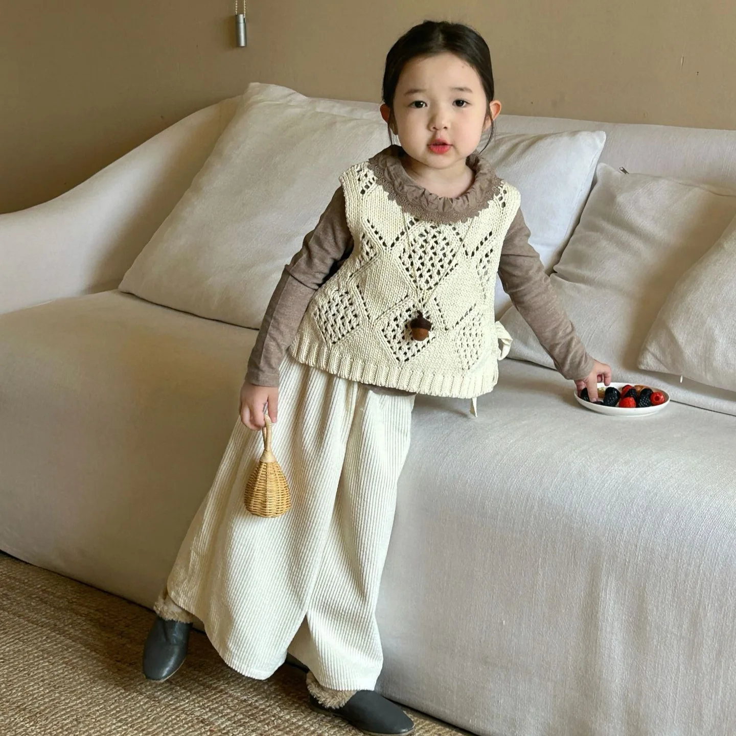 2024 Autumn New Children Clothing Korean Children Clothing Girls Solid Knitted Hollow Out Wool Vest