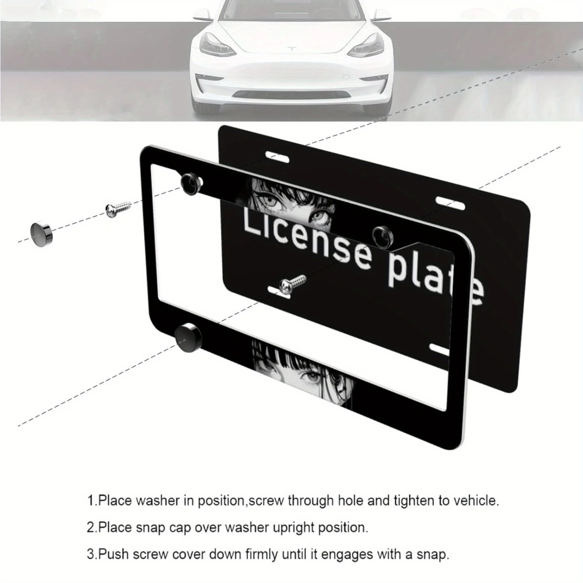 إطار لوحة ترخيص من الألومنيوم، أنماط شخصيات الرسوم المتحركة، تصميمات فتاة جميلة، كاريكاتير أبيض وأسود، إطار لوحة، هدية مبتكرة