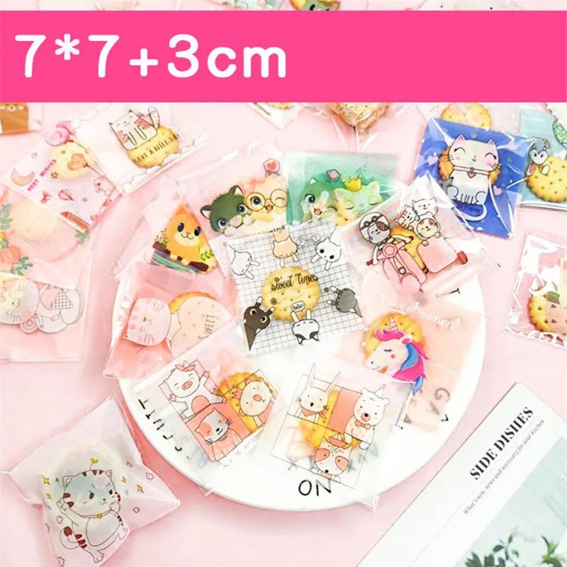 

100Pcs 7x7cm Transparent Plastic Cartoon Printed Self-Adhesive Bags Bakery Packaging Cookie Candy Wedding Party Gift