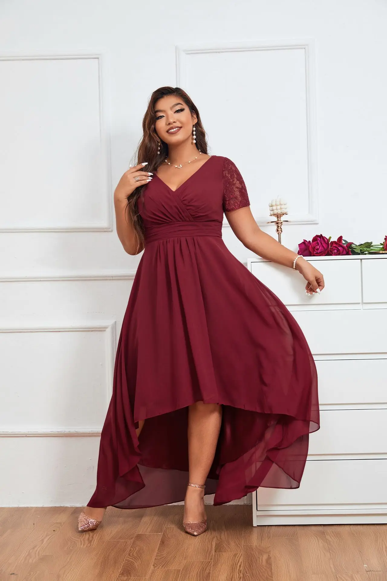 Elegant V-neck Short Sleeves Lace Embroidery Chiffon High Low Evening Dress Bungundy