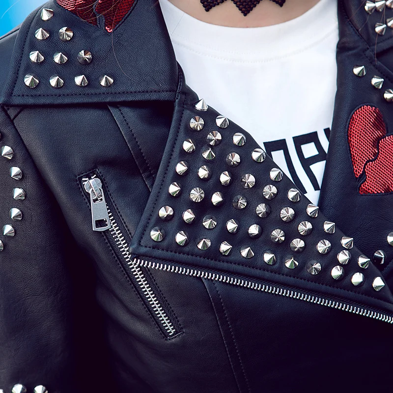 beading Fashion brand stitching rivet pu leather jacket female street style Love sequins beading leather jacket F1048 dropship