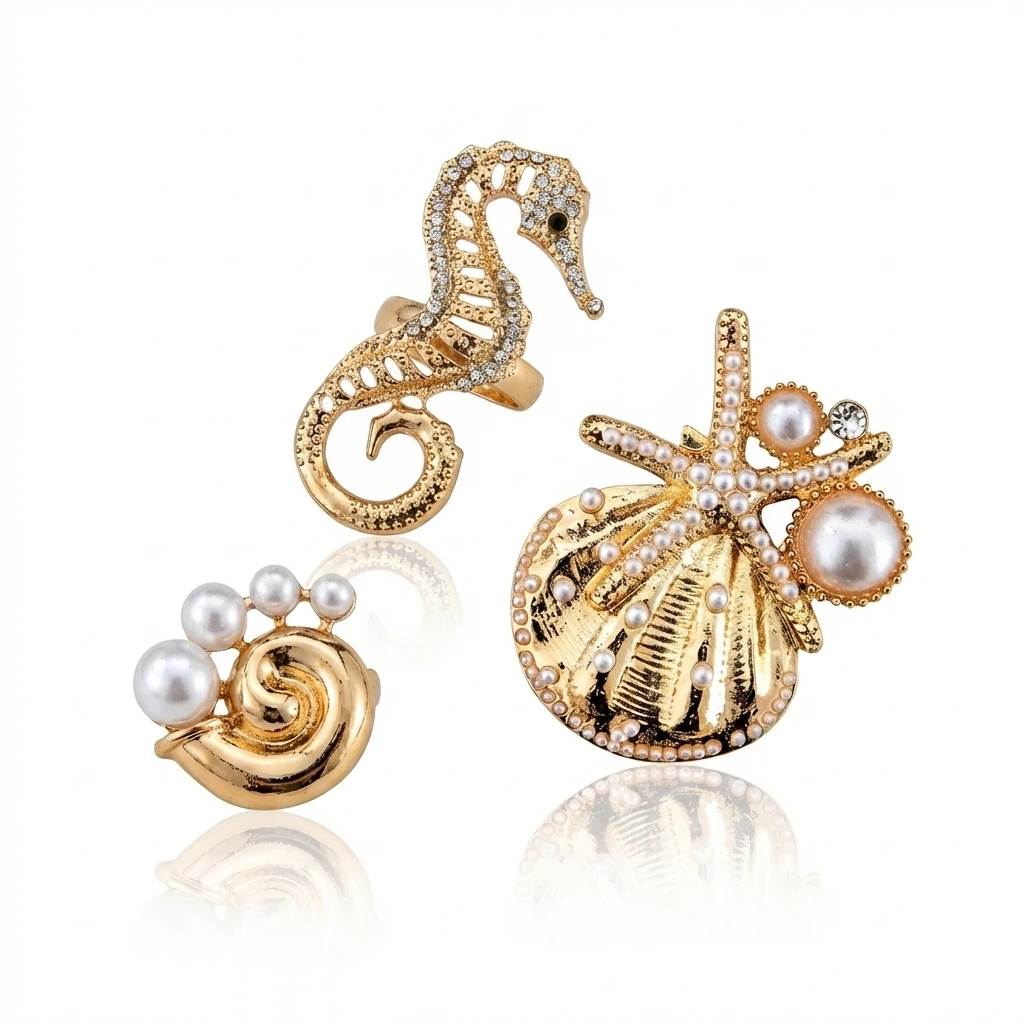 Ocean Style Starfish Seahorse Conch Shell Imitation Pearl Ring 3-Piece Set Creative Exaggerated Beach Vacation Style Ring