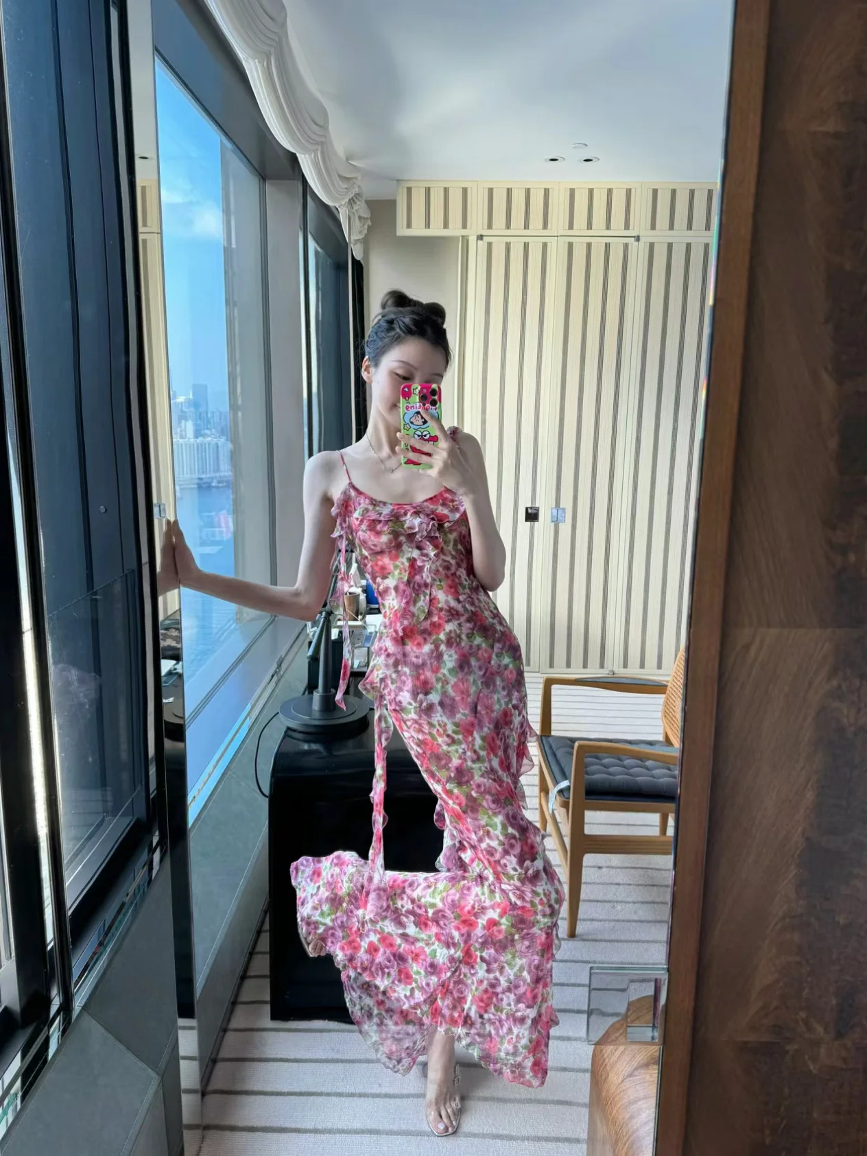 

Vibrant Pink Floral Print Summer Dr Women's Slim Fit Vaion Sle off oulder Gown High Waist Polyester Material