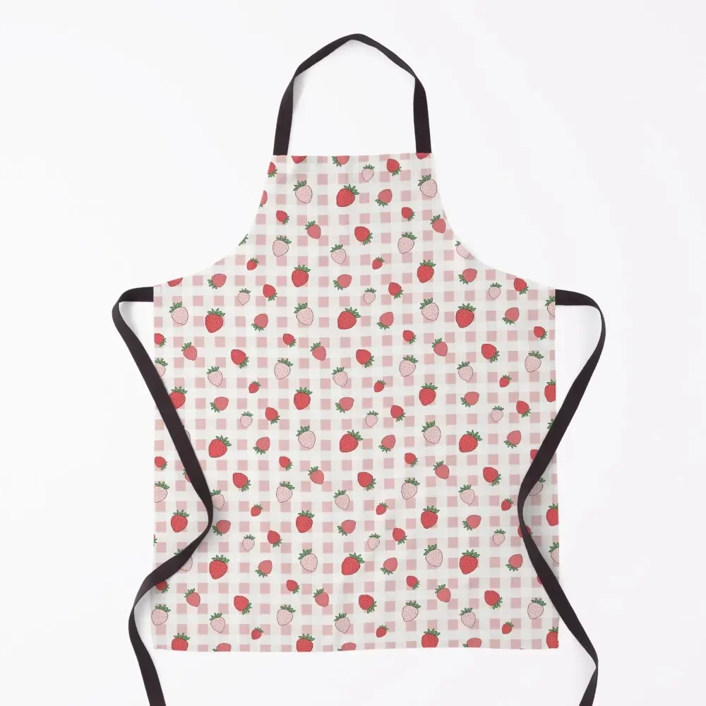 

Pretty Pink Strawberry Gingham Apron Waterproof Kitchen Woman bib Apron