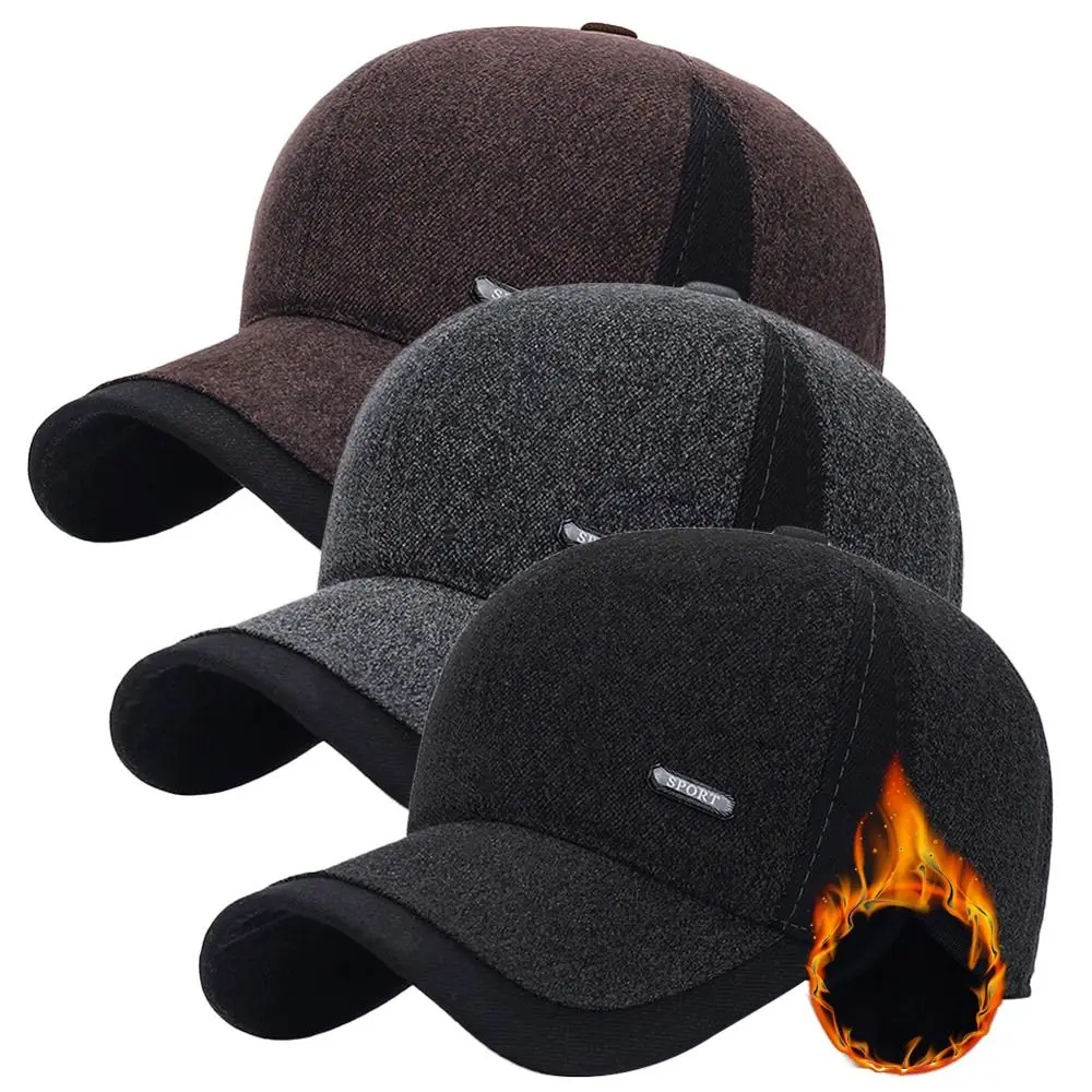 Warm Mens Winter Wool Baseball Cap Ear Flaps Snapback Hats Thicken Cotton Fitted Cap Trucker Cap