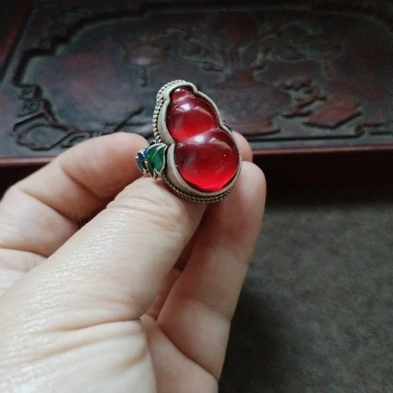 Vintage Ethnic Gourd Shape Red Gem Ring Enamel Silver Plated Adjustable Retro Finger Ring Women Boho Jewelry Gift