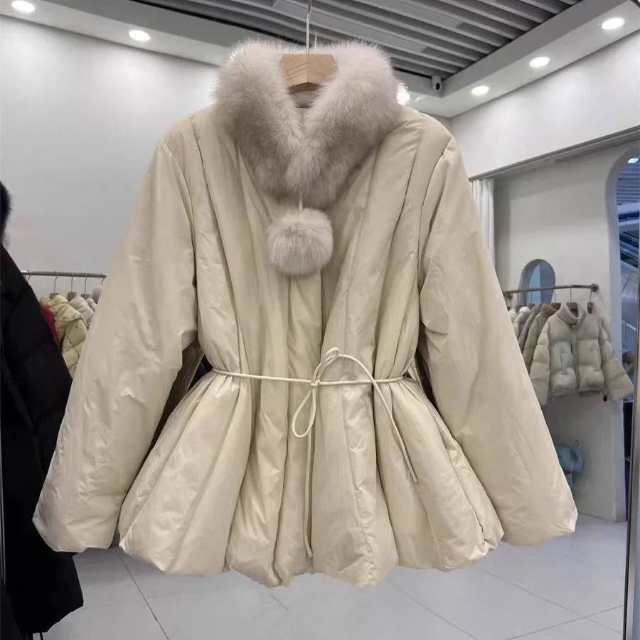 

Winter Mid-length Big Real Fox Fur Collar White Down Duck Jacket Women White Duck Down Drawstring Outwear Female Quilted Jacket