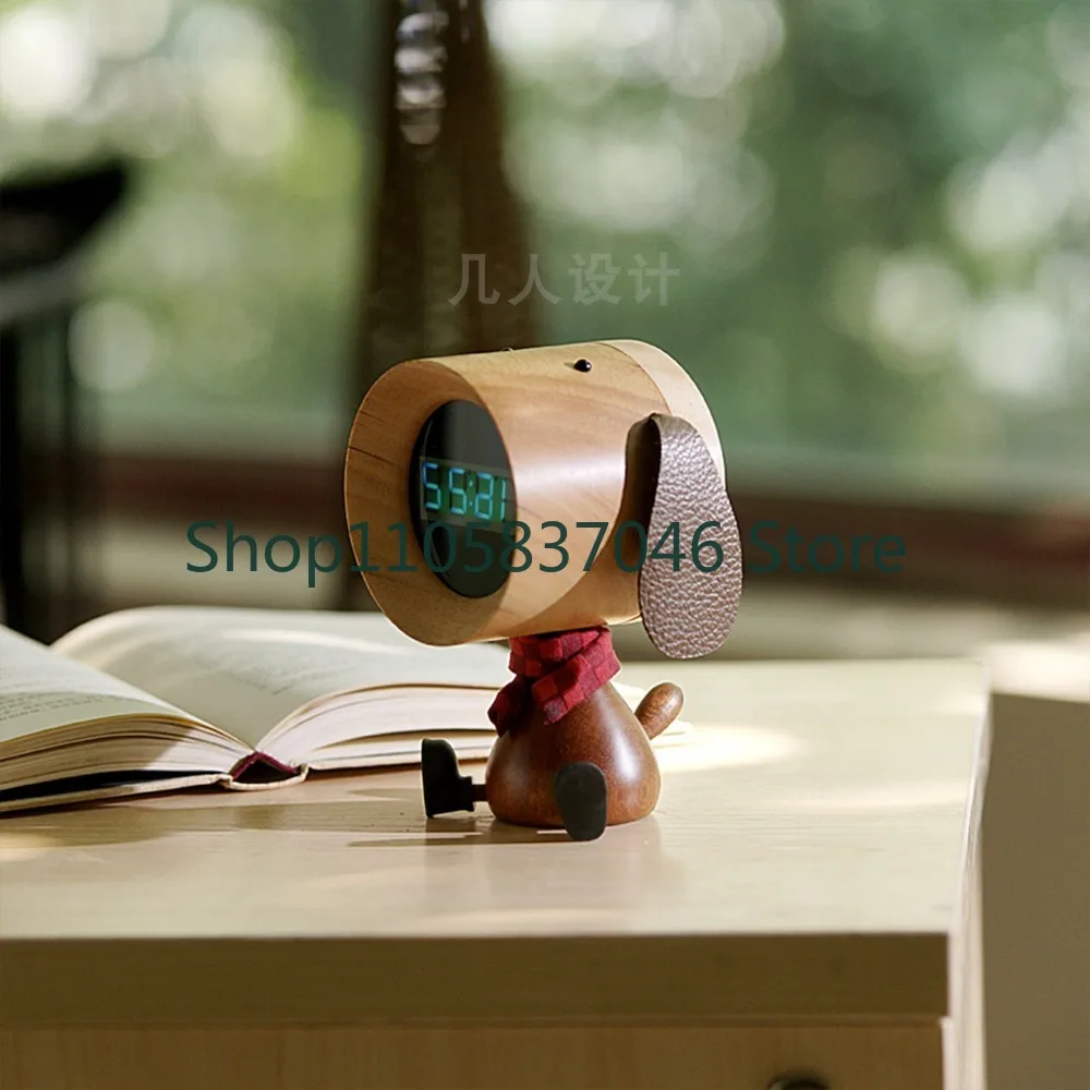 Solid wood alarm clock, wooden dog creative style, table clock, student children's gift, charging engraving