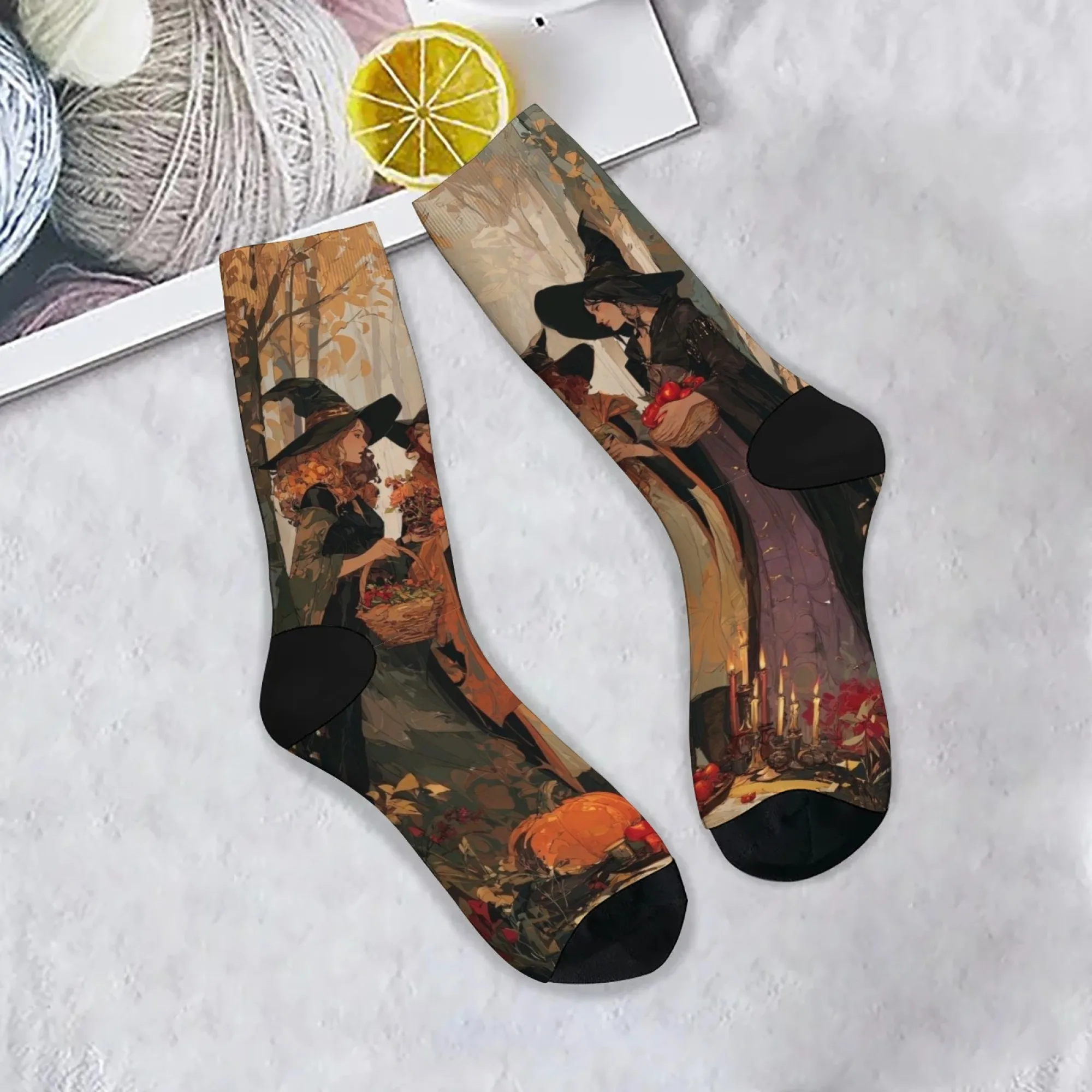 

Novel Harajuku autumn forest witch-themed printed men's socks, retro street style, casual socks, party and holiday gift.