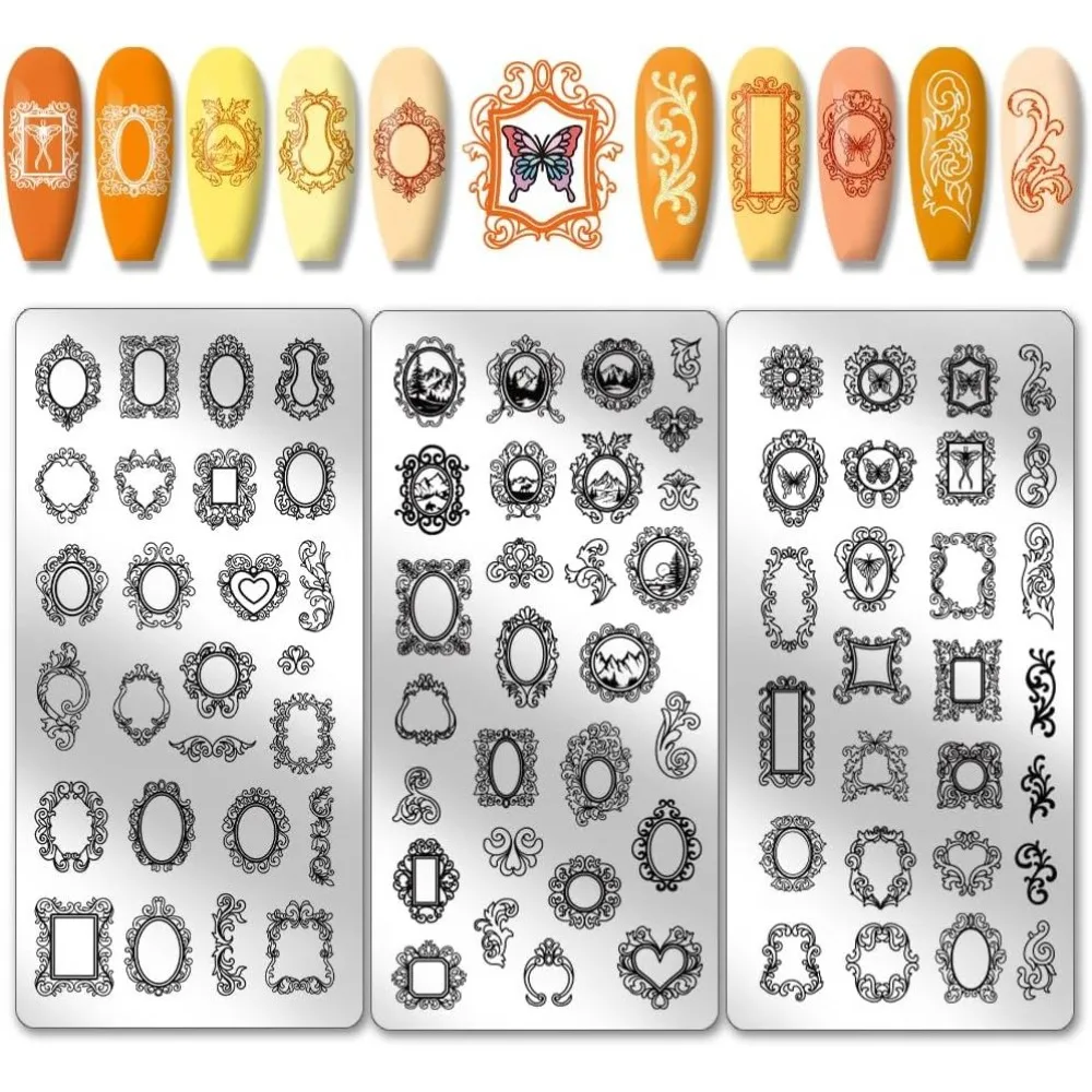 3 pièces de plaques de tamponnage pour nail art, motifs vintage de cadres photo et de paysages variés