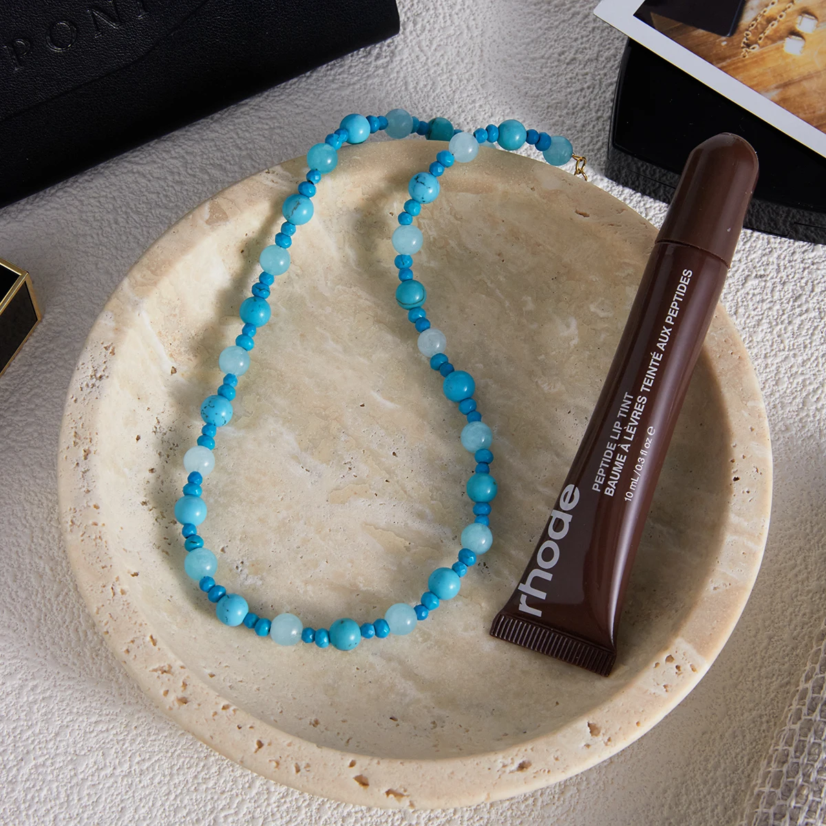 AIKOER Fashionable Elegant 18K Gold Color Plated Stainless Steel Turquoise Natural Stone Bead Necklace Stackable Stainless Steel