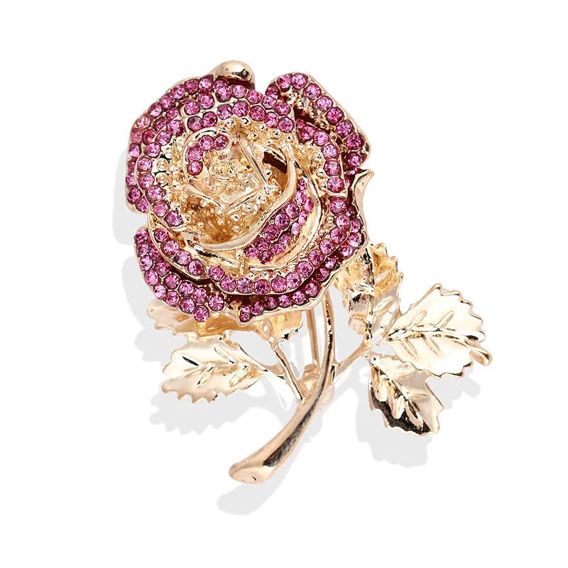 Rhinstone Rose Flower Brooches For Women Lady Exquisite Flower Lapel Pin All Season Wedding Party Suit Dress Clothing Corsage