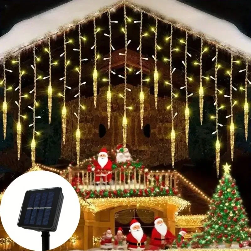 Solar Powered Christmas Icicle Drop Lights 8 Lighting Modes Outdoor Waterproof Hanging Ice Drops for Eaves Roof Garden Patio