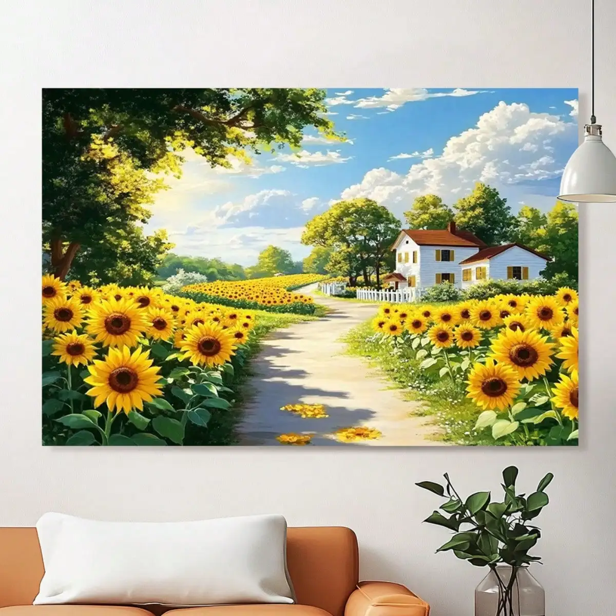 Sunflower Field Tapestry - Countryside Landscape Wall Hanging, Scenic House & Path Art, Nature Decor, Multiple Sizes
