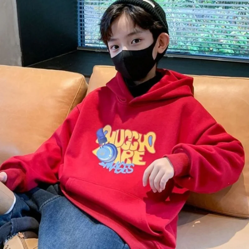 2025 New Boys' Kids' Loose Fit Korean-Style Fleece-Lined Red Hoodie - Lucky Lunar New Year Greeting Outfit for Zodiac Year
