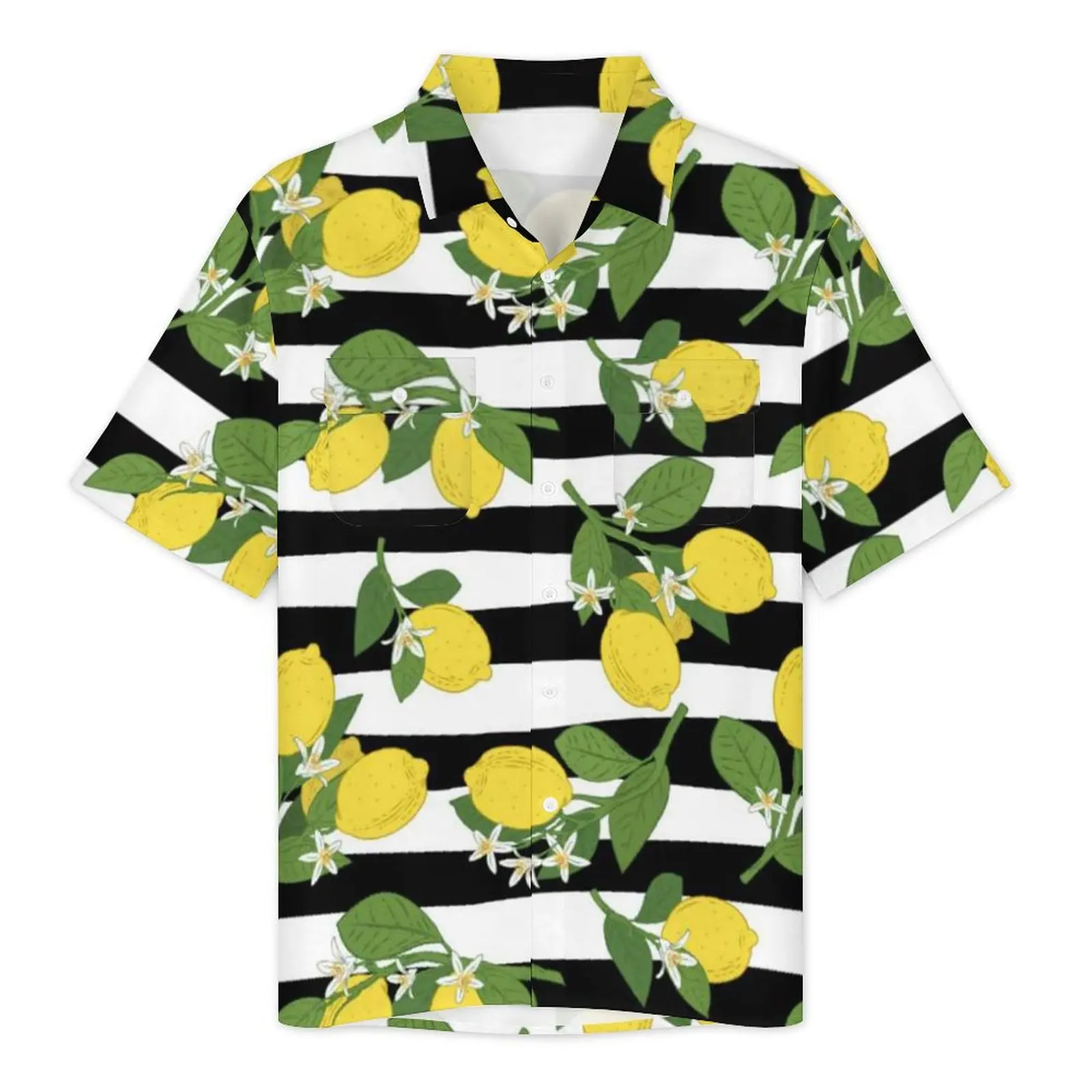 Lemon Lemons Yellow Hawaiian Shirt For Men Beach Black And White Stripes Casual Shirts Short Sleeve Harajuku Novelty Blouses