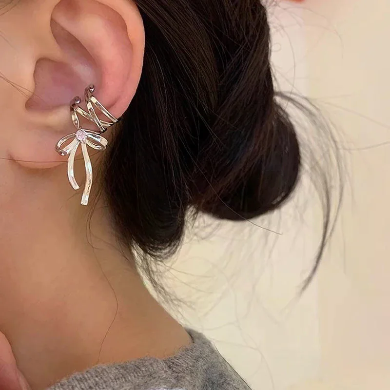 1Pc/Pair Vintage Punk Bow Ribbon Ear Clip Earrings For Women Girls Fashion Tassel Non-Piercing Ear Cuff Jewelry Party Gifts