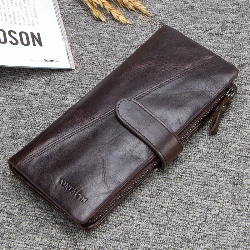 CONTACT\'S Genuine Crazy Horse Cowhide Leather Men Wallets  Fashion Purse With Card Holder Vintage Long Wallet Clutch Wrist Bag