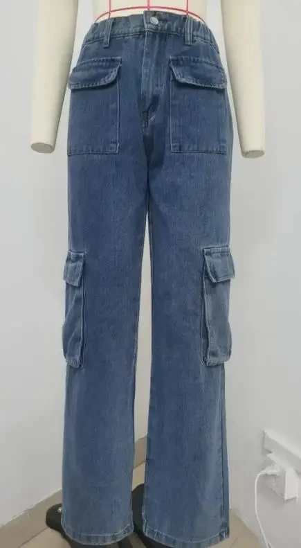 Women's Fashion Denim Pants Personalized Street Retro New Washed Semi Elastic Multi Pocket Denim Workwear Casual Jeans for Women