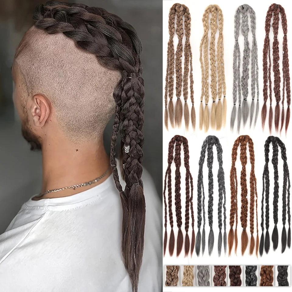 Synthetic Long Braided Ponytail Extension Twist Box Braids Pony Tail Hairpieces with Hair Ring Elastic Tie for Men Daily Party