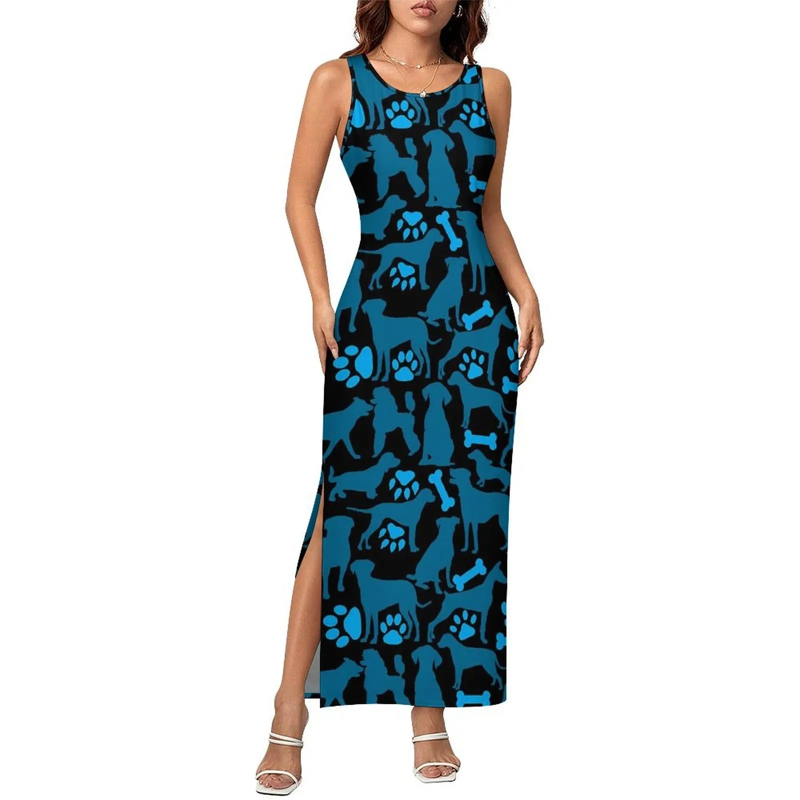 Women Bodycon Dress Retro Cute Dog Print Maxi Dresses Summer Animal Silhouette Sleeveless Street Wear Custom Dress Large Size