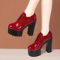14cm Small Size 33-43 Elegant Deep Mouth Bright Leather Shoes Women Platform Pumps 2025 Block High Heels Shoes for Model Party
