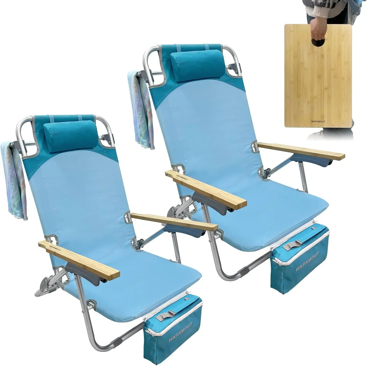 2 Pack Low Backpack Beach Chair with Folding Bamboo Table for Adults, 5-Position Lay Flat Reclining Chair Lightweight with Coole