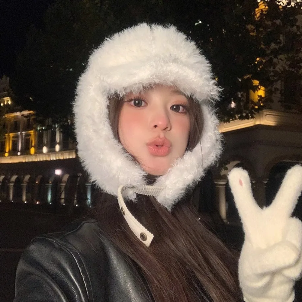 Fashion Bomber Hat Thickened Windproof Pilot Cap Warm Lining Ear Protector Hat for Women
