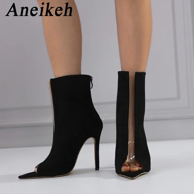 Aneikeh 2024 Spring New Classics Black Open Toe Thin High Heel Women ShoesBack Zippers Gladiator Party Dress Career Ankle Boots