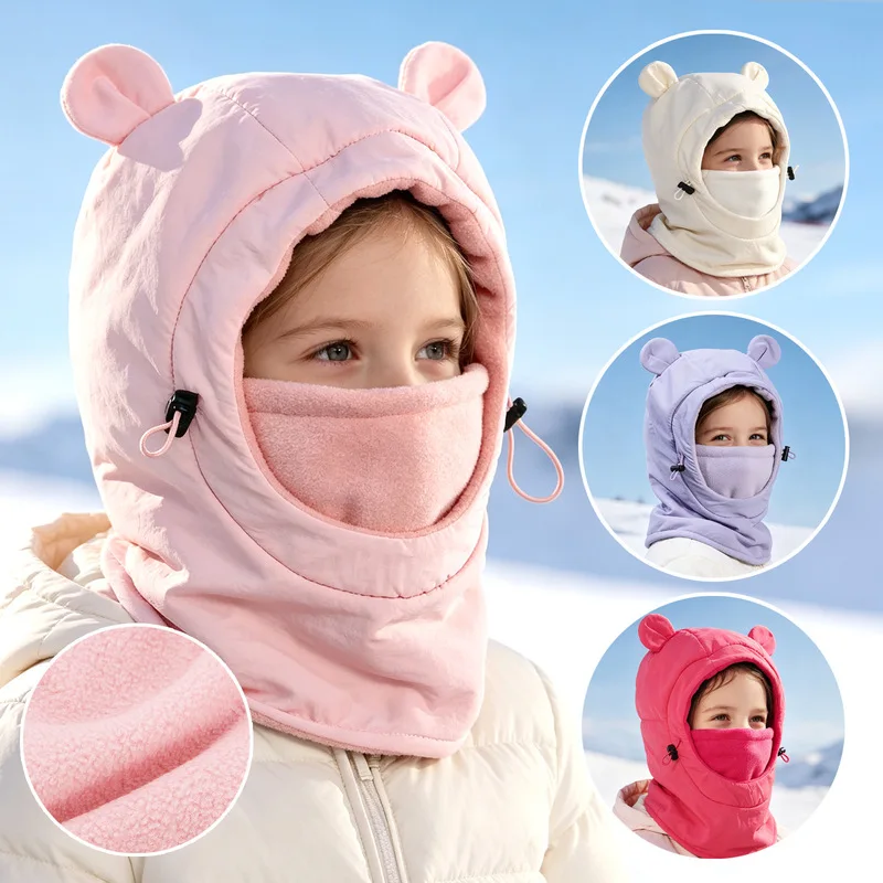 Kids Bear Ear Balaclava Hat Winter Fleece Lined Windproof Full Face Neck Protection Outdoor Ski Cycling Warm Integrated Hood Cap