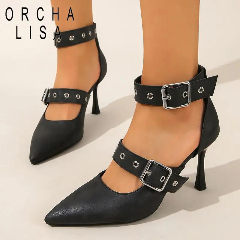 

ORCHA LISA Hot Women Sandals Pointed Toe 8cm Stiletto Chunky Heels Buckle Strap Extended Size 43 44 45 Sexy Dating Female