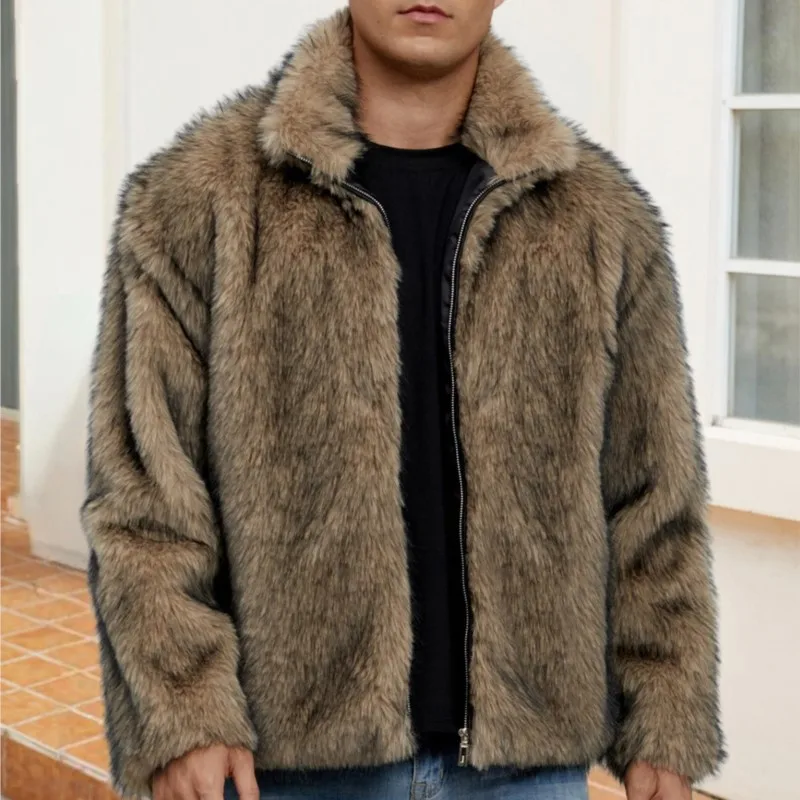 

2025 Winter Thicken Plush Warm Jackets Coats Retro Mens Fur Fluffy Long Coats Jacket Outerwear Faux Fur Short Loose Jacket Tops
