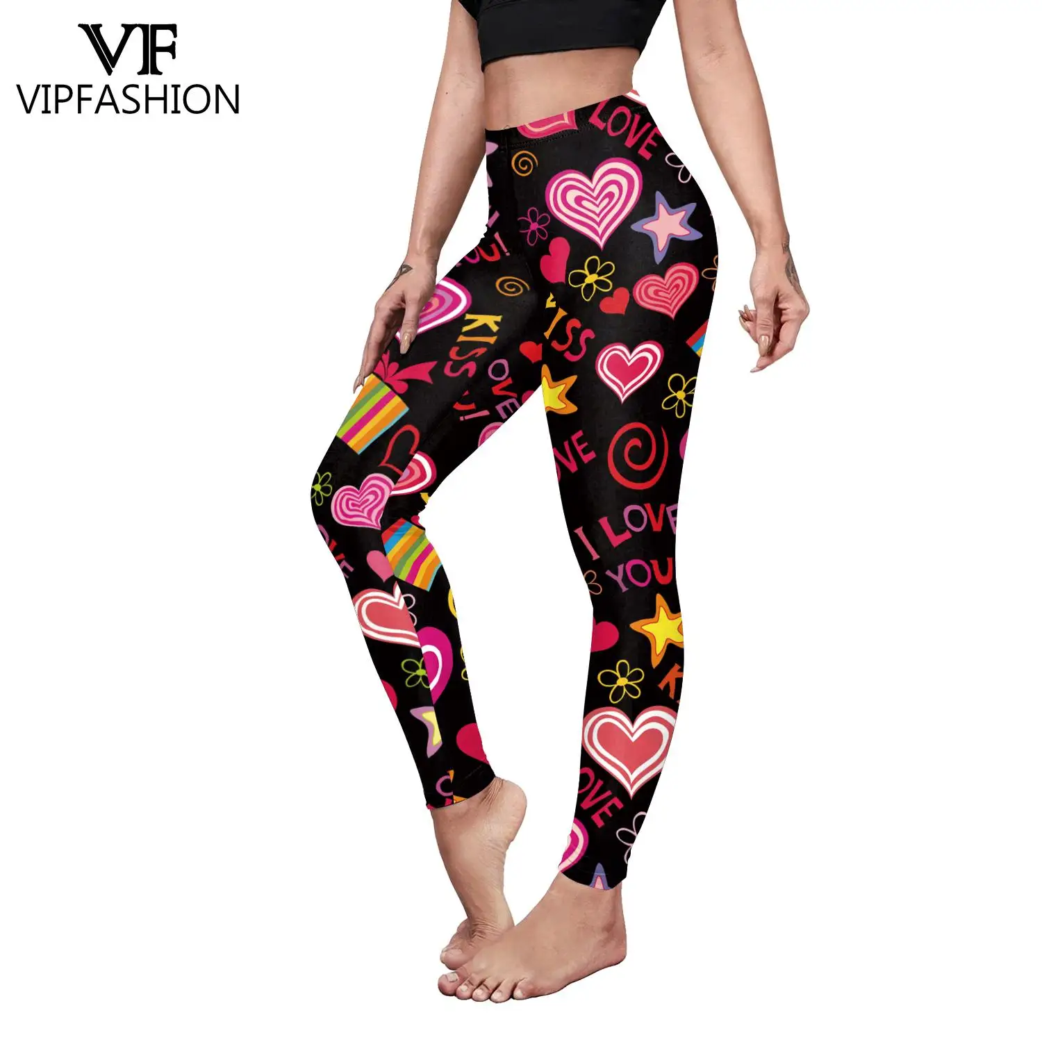 VIP FASHION Women Leggings Valentines Day Love Heart Stripe Print Workout Pants Slim Fitness New Year Gym Stretch Leggins Mujer