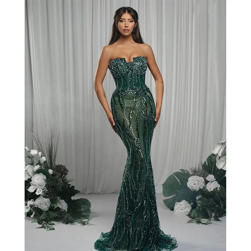 

Exquisite Mermaid Evening Dresses Strapless Sleeveless Appliques Beads Floor Length Lace Hollow Prom Formal Party Dress