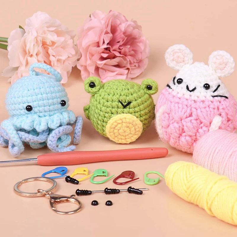 Set 3 Kit rajutan untuk pemula, Kit peralatan Crochet hewan Kit Video langkah demi langkah untuk pemula dan dewasa