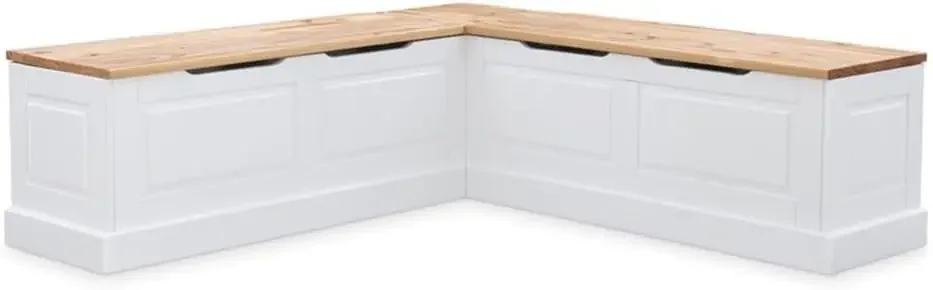 Backless Wood Corner Kitchen Breakfast Nook Bench, with Hidden Storage, in White & Natural Finish