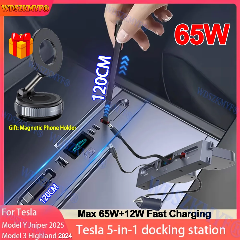 

Интеллектуальная док-станция USB-концентратора 5 в 1, для Tesla Model 3 2024-2025 Model Y 2025, автомобильный адаптер с питанием от быстрой зарядки