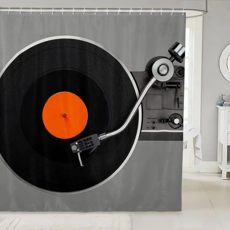 

Vinyl Record Player Shower Curtain Black Orange Music Design Retro Style Bath Decor Waterproof Fabric Home Accessories