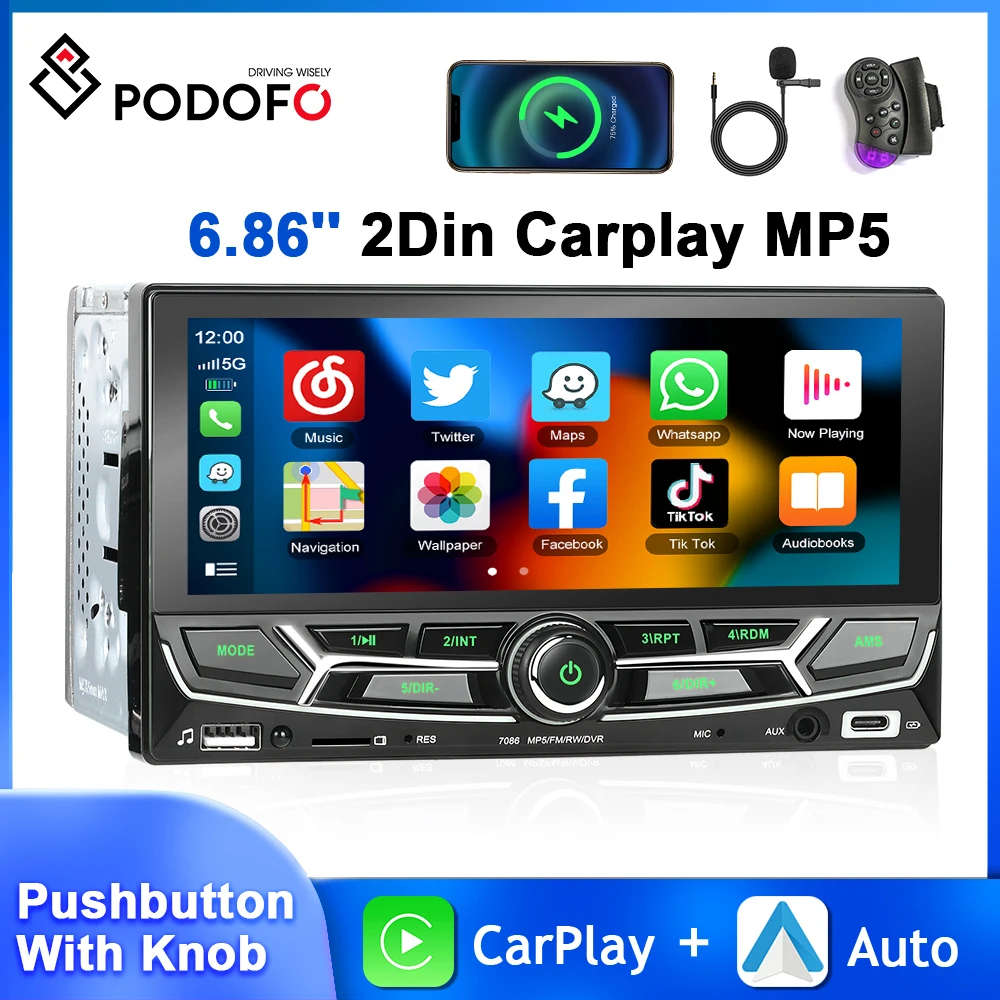 

Podofo 2Din 6.86'' MP5 Player Carplay Android Auto Car Stereo Multimedia Player Mirror Link Bluetooth FM Pushbutton With Knob