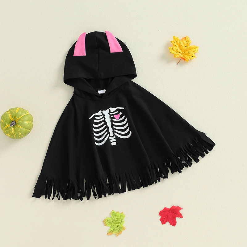 2024-05-24 Lioraitiin 1-6Y Kid Boy Girl Halloween Cloak Coat Skeleton Print Cape with Hood Tassel Skull Costume for Party